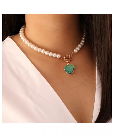 Heart Crystal Necklaces for Lady Pearls Gem Stones Pendant Necklaces Trendy Chain Necklace Gifts Jewelry (Green, One Size) Gr...