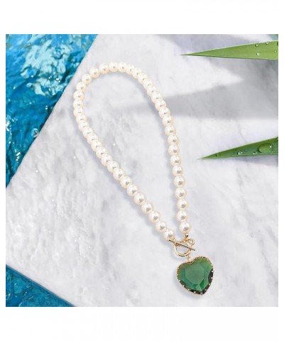 Heart Crystal Necklaces for Lady Pearls Gem Stones Pendant Necklaces Trendy Chain Necklace Gifts Jewelry (Green, One Size) Gr...