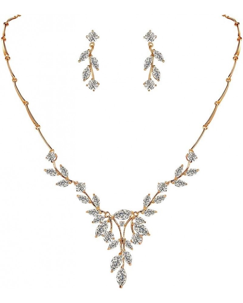 Women Marquise Cut Cubic Zirconia Leaf Bridal Y-Necklace and Dangling Earring Jewelry Set for Wedding Gold $15.84 Jewelry Sets