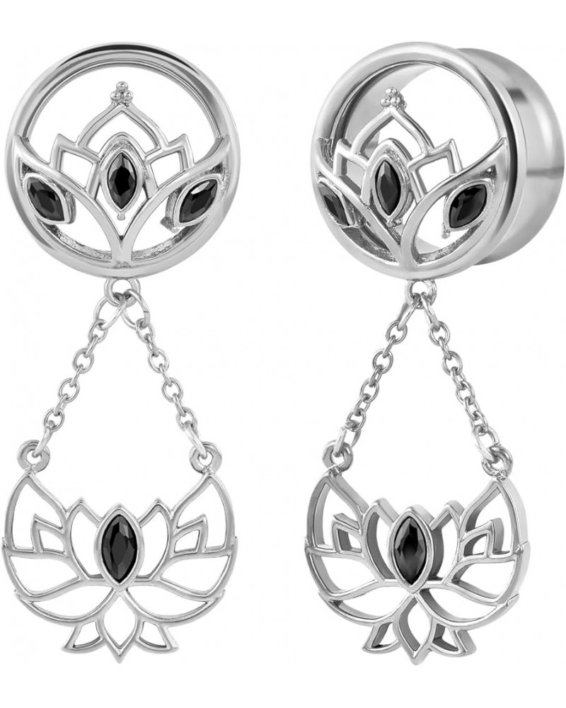 1 Pair Lotus Dangle Ear Gauges Yoga Piercing Jewelry Stainless Steel Flower Ear Hangers Plugs Tunnels Ear Stretchers Earrings...