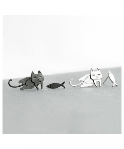 Asymmetric Cat Fish Small Stud Earrings Mismatched Funny Cartoon Cute Kawaii 3D Black Kitten Animal Pets 925 Sterling Silver ...