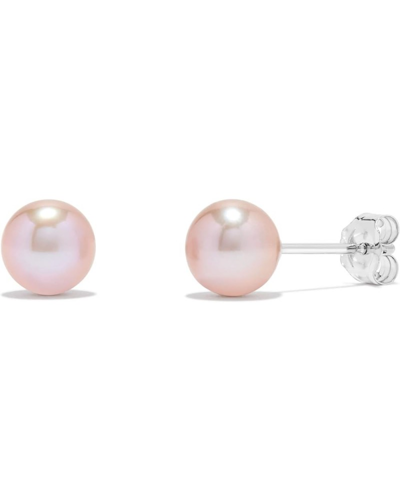 14K White Gold & Yellow Gold Pearls Ear Studs, Round Pink Freshwater Cultured Pearl, Classic Bridal Stud Pearl Earrings - Cho...