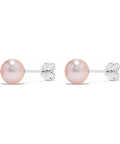 14K White Gold & Yellow Gold Pearls Ear Studs, Round Pink Freshwater Cultured Pearl, Classic Bridal Stud Pearl Earrings - Cho...