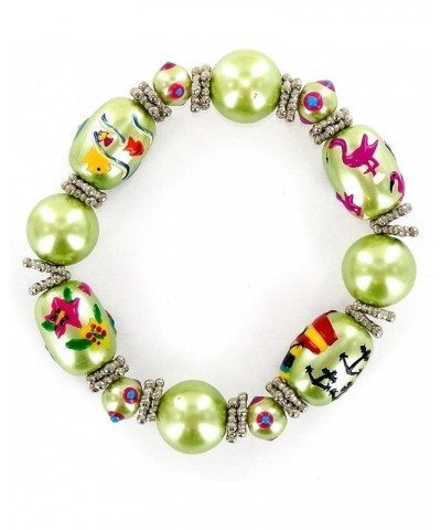 Women Stretch Bracelet/Hand Painted Hula Girl, Coconut Tree, Flamingo & Tropical Fish Pearlized Glass Beads /13x18MM / Bracel...