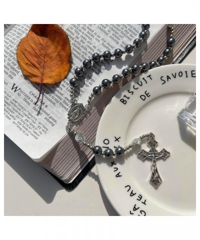 Rosary Necklace Cross Pendant Grey Necklace Catholic Rosary Sweater Chain for Women Prayer And Meditation Rosary $11.19 Neckl...