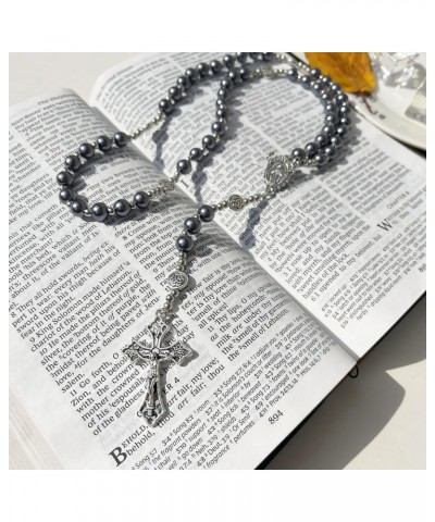 Rosary Necklace Cross Pendant Grey Necklace Catholic Rosary Sweater Chain for Women Prayer And Meditation Rosary $11.19 Neckl...