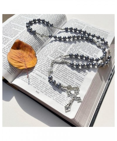 Rosary Necklace Cross Pendant Grey Necklace Catholic Rosary Sweater Chain for Women Prayer And Meditation Rosary $11.19 Neckl...