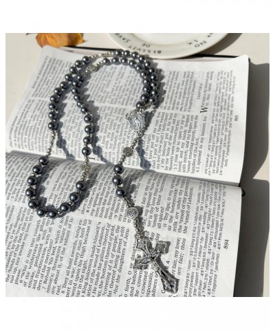 Rosary Necklace Cross Pendant Grey Necklace Catholic Rosary Sweater Chain for Women Prayer And Meditation Rosary $11.19 Neckl...