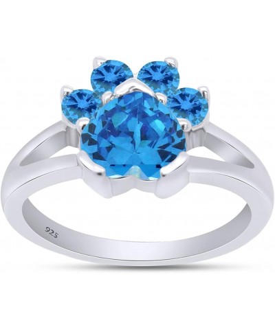 Heart & Round Cut Simulated Birthstone Paw Print Ring Jewelry For Women In 14k White Gold Over Sterling Silver Simulated Blue...