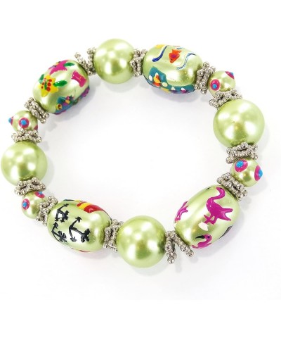 Women Stretch Bracelet/Hand Painted Hula Girl, Coconut Tree, Flamingo & Tropical Fish Pearlized Glass Beads /13x18MM / Bracel...