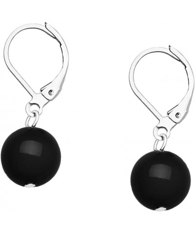 10mm Round Natural Stone Earring High Polished Rhodium Leverback Black Onyx $7.14 Earrings