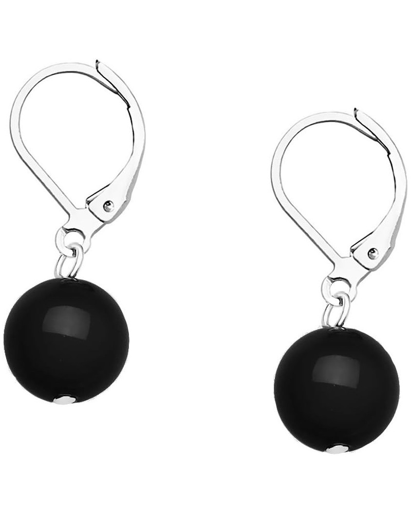 10mm Round Natural Stone Earring High Polished Rhodium Leverback Black Onyx $7.14 Earrings