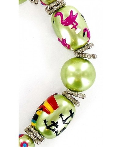 Women Stretch Bracelet/Hand Painted Hula Girl, Coconut Tree, Flamingo & Tropical Fish Pearlized Glass Beads /13x18MM / Bracel...