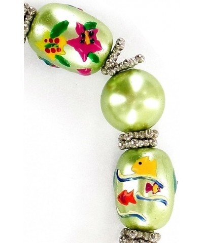 Women Stretch Bracelet/Hand Painted Hula Girl, Coconut Tree, Flamingo & Tropical Fish Pearlized Glass Beads /13x18MM / Bracel...