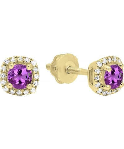 3.50mm Center Round Amethyst & White Diamond Halo Style Stud Earrings for Women in 18K Solid Gold Screw Back Solid Yellow Gol...