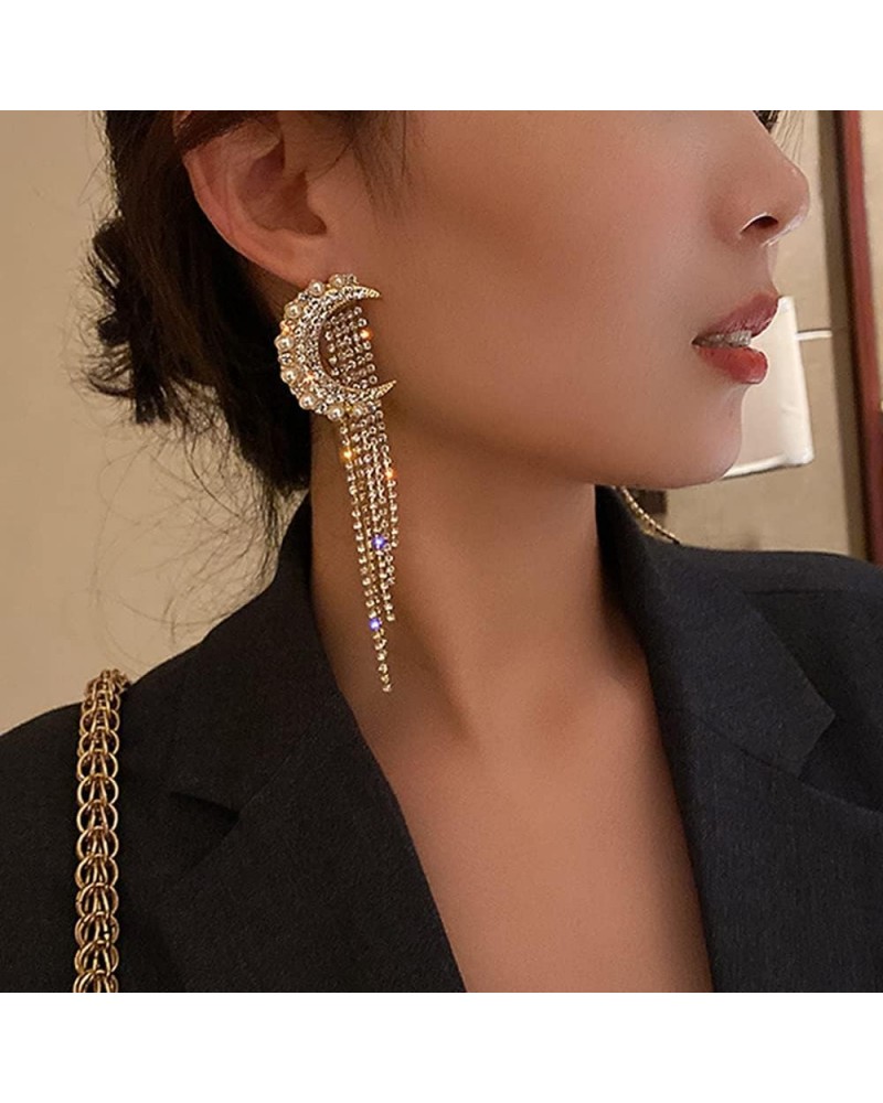 Dainty Moon Ear Stud Pave Pearl Tassel Earrings Rhinestones Long Chain Drop Dangle Earrings for Women Girls (Silver) $8.88 Ea...