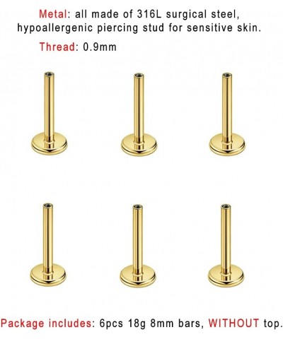 Surgical Steel Cartilage Stud End Surgical Steel Internally Threaded Labret Post Post 6PCS-18g 8mm Gold $8.39 Body Jewelry