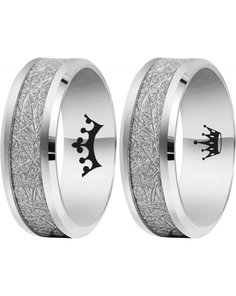 MZZJ Personalized His Hers Couple Rings 8MM Silver Imitated Meteorite Inlay Polish Stainless Steel Flat Bevel Edges Engagemen...