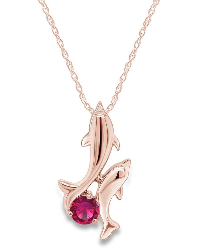 Simulated Birthstones Playing Dolphins Pendant Necklace in 14k Rose Gold Over Sterling Silver Simulated Ruby $27.53 Necklaces