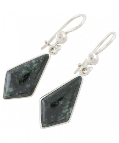 Handmade .925 Sterling Silver Dark Green Jade Dangle Earrings Guatemalan Geometric Gemstone [1.5 in L x 0.6 in W x 0.2 in D] ...