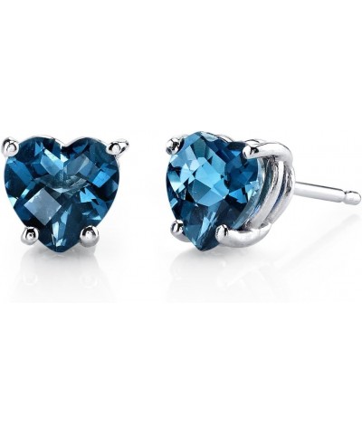 Solid 14K White Gold London Blue Topaz Heart Stud Earrings for Women, Genuine Gemstone Birthstone Solitaire Studs, 6mm, 2 Car...