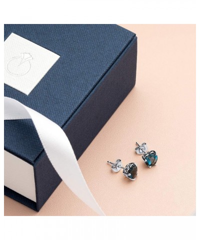 Solid 14K White Gold London Blue Topaz Heart Stud Earrings for Women, Genuine Gemstone Birthstone Solitaire Studs, 6mm, 2 Car...