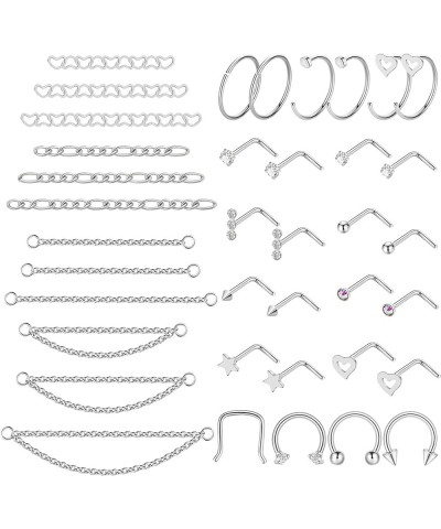 38Pcs 316L Stainless Steel Nose Chain for Women Men Heart Nose Ring Chain Double Nose Chain Piercing Across Nose CZ Nose Pier...