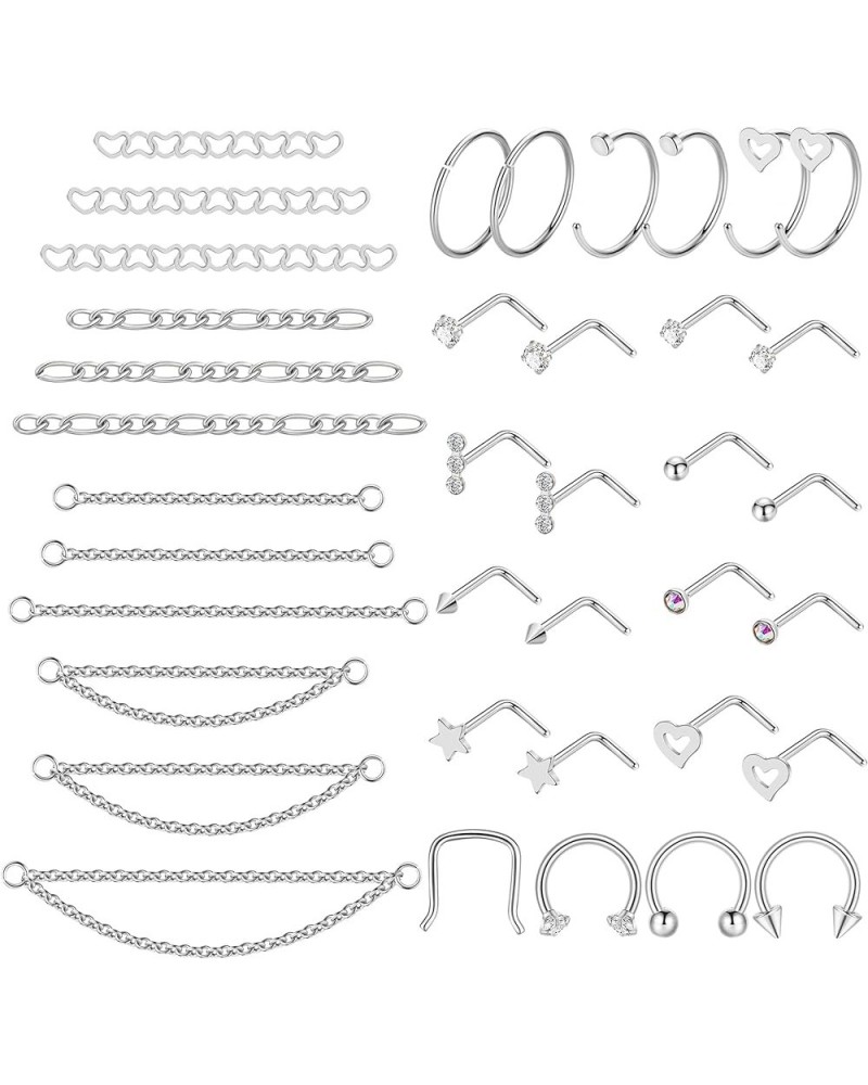 38Pcs 316L Stainless Steel Nose Chain for Women Men Heart Nose Ring Chain Double Nose Chain Piercing Across Nose CZ Nose Pier...