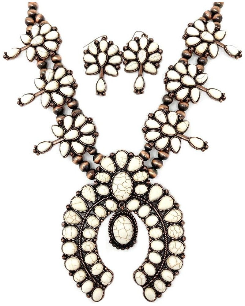 Chunky Western Squash Blossom Statement Necklace and Earrings Set Navajo Pearl White $18.04 Jewelry Sets