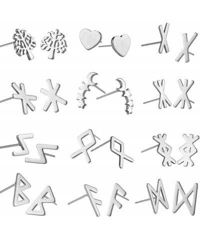 Women's Stainless Steel Minimalist Norse Runes Stud Set Classic Small Earrings Style A 12 PCS $10.99 Earrings