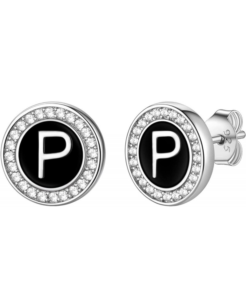 Sterling Silver Initial Letter Round Stud Earrings with Cubic Zirconia Diamonds Allergy Free Black Alphabet A to Z Capital St...