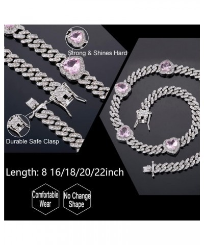 9mm Miami Prong Cuban Link Chain Iced Out Paved Heart Shape Rhinestones CZ Bling Rapper Necklace Bracelet For Women Girls Sil...