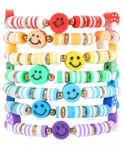 Rainbow Heishi Smile Face Bracelets Set for Women Girls, Stackable Clay Beaded Mushroom Bracelets Stretch Preppy Bracelets La...