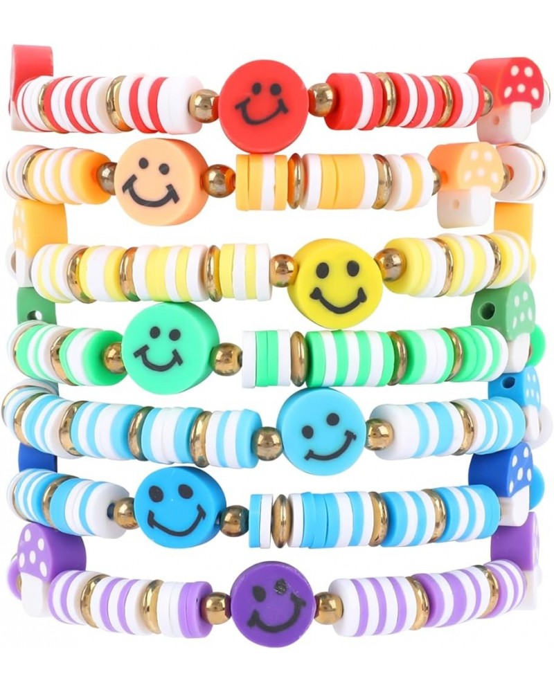 Rainbow Heishi Smile Face Bracelets Set for Women Girls, Stackable Clay Beaded Mushroom Bracelets Stretch Preppy Bracelets La...