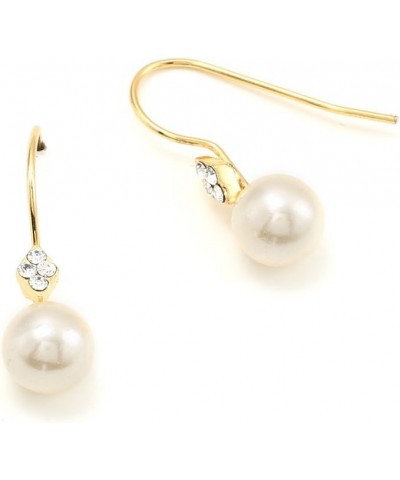 Gold Cream Pearl Dangle Earrings with Gold Hook Rhinestone Flower Accent $7.66 Earrings