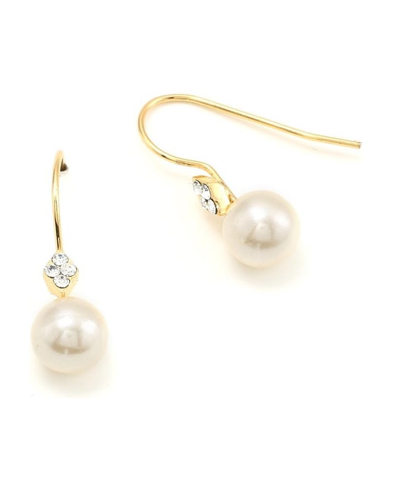 Gold Cream Pearl Dangle Earrings with Gold Hook Rhinestone Flower Accent $7.66 Earrings