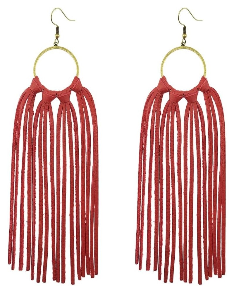 Statement Leather Tassel Earrings, Big Large Lightweight Leather Tassel Fringe Dangle Earrings for Women Red $11.19 Earrings