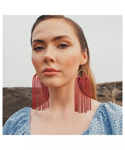 Statement Leather Tassel Earrings, Big Large Lightweight Leather Tassel Fringe Dangle Earrings for Women Red $11.19 Earrings