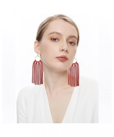 Statement Leather Tassel Earrings, Big Large Lightweight Leather Tassel Fringe Dangle Earrings for Women Red $11.19 Earrings