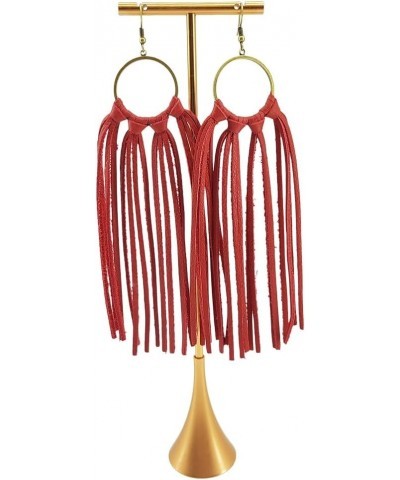 Statement Leather Tassel Earrings, Big Large Lightweight Leather Tassel Fringe Dangle Earrings for Women Red $11.19 Earrings