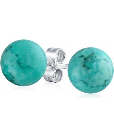 8MM Natural Gemstone Round Bead Ball Stud Earrings .925 Sterling Silver for Women Teens -Variety of Birthstones Aqua Turquois...