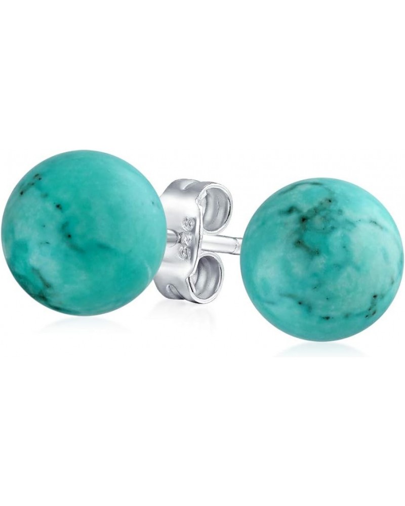 8MM Natural Gemstone Round Bead Ball Stud Earrings .925 Sterling Silver for Women Teens -Variety of Birthstones Aqua Turquois...