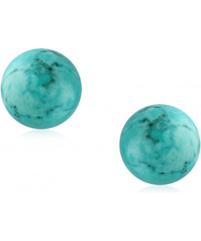 8MM Natural Gemstone Round Bead Ball Stud Earrings .925 Sterling Silver for Women Teens -Variety of Birthstones Aqua Turquois...