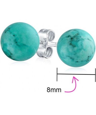 8MM Natural Gemstone Round Bead Ball Stud Earrings .925 Sterling Silver for Women Teens -Variety of Birthstones Aqua Turquois...