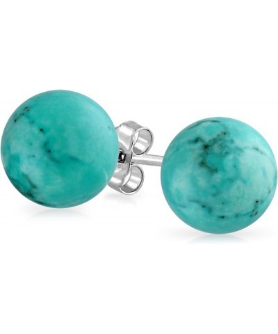 8MM Natural Gemstone Round Bead Ball Stud Earrings .925 Sterling Silver for Women Teens -Variety of Birthstones Aqua Turquois...