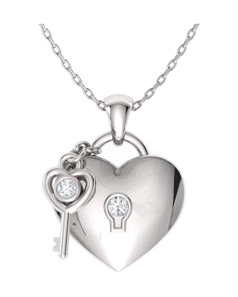 Natural and Certified Gemstone and Diamond Love Lock and Key Heart Necklace in 14k White Gold |0.02 Carat Pendant with Chain ...