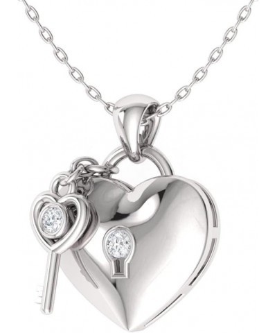 Natural and Certified Gemstone and Diamond Love Lock and Key Heart Necklace in 14k White Gold |0.02 Carat Pendant with Chain ...