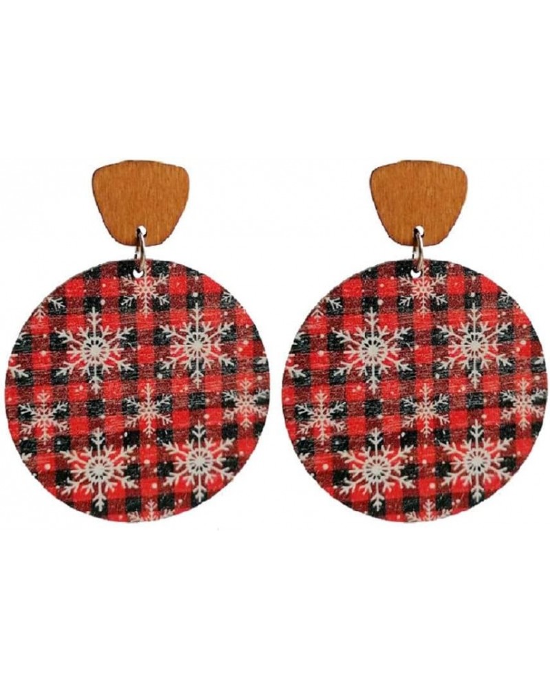 Colorful Christmas Wooden Round Earrings Lightweight Christams Plaid Snowflake Deer Tree Elk Drop Dangle Earrings for Women G...