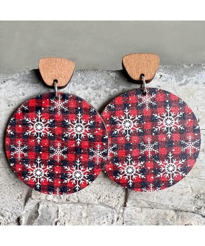 Colorful Christmas Wooden Round Earrings Lightweight Christams Plaid Snowflake Deer Tree Elk Drop Dangle Earrings for Women G...