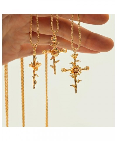 Gold Birth Flower Cross Necklace for Women 12 Month Faith Pendent 18K Gold Plated 2MM Twist Rope Chain Personalized Religious...